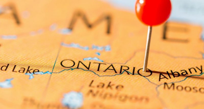 A map of the province of Ontario with a pin in it