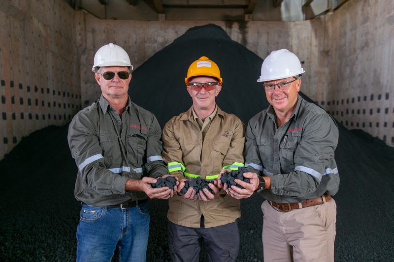 Ivanhoe Mines - (Left to right) Mark Farren, Kamoa Copper's CEO; Steve Amos, Kamoa Copper's Head of Projects; and Wimpie Steyn, Risk Control Manager, holding some of Kamoa Copper's first copper concentrate.