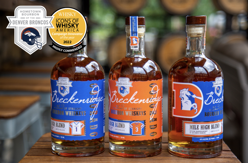 The limited-edition Mile High Bourbon Blends from Breckenridge Distillery are made by Broncos Alumni Jake Plummer and Breckenridge Head Distiller Hans Stafsholt (Blue) and Broncos ‘Ring of Famer’, Karl Mecklenburg and Breckenridge Distillery, Founder, Bryan Nolt (Orange).