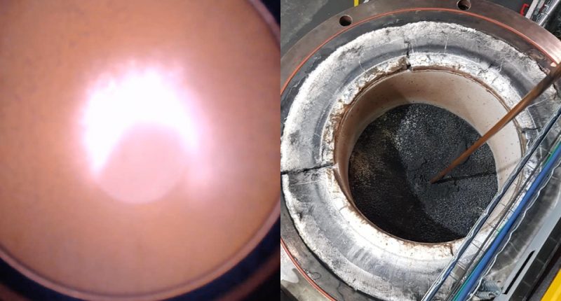 HPQ Silicon - Visible intensity of the plasma arc (left) and the bottom of the furnace after the test (right).
