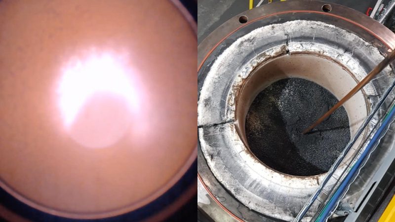 HPQ Silicon - Visible intensity of the plasma arc (left) and the bottom of the furnace after the test (right).