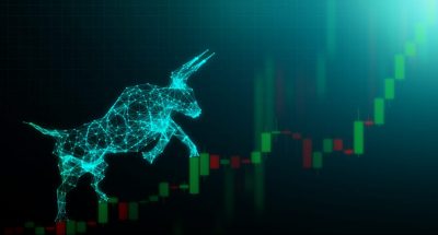 Holographic bull climbing the stock market graph on a holographic screen