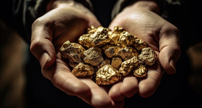 An AI-generated image of raw, gold nuggets in a miner's hands, catching the light and gleaming