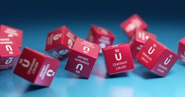 Red dice with uranium's element symbol of U on all sides