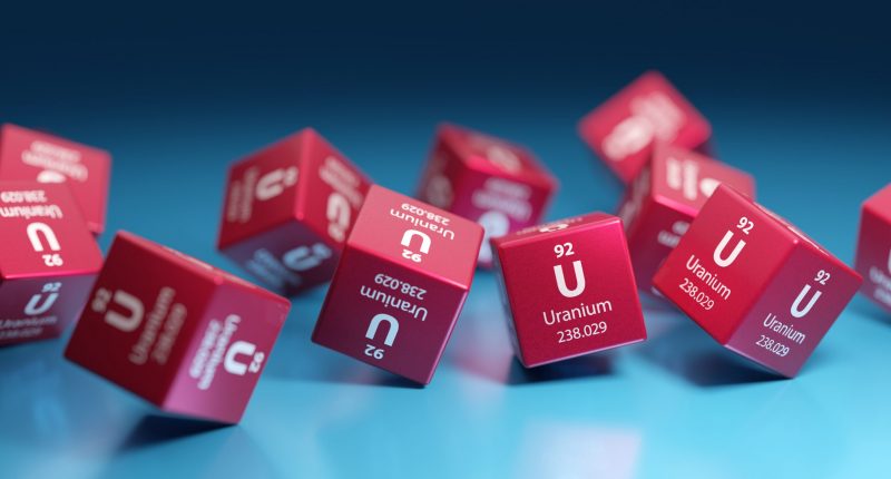 Red dice with uranium's element symbol of U on all sides