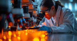 image of scientist looking into a microscope