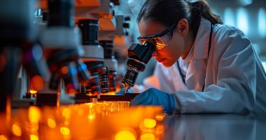 image of scientist looking into a microscope