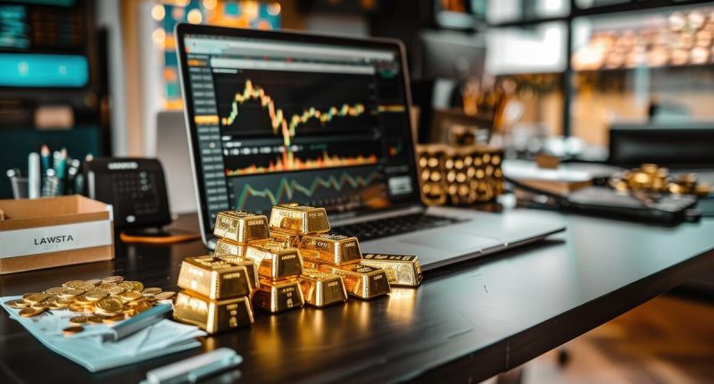 AI-generated image of gold bars beside a computer with a financial chart.