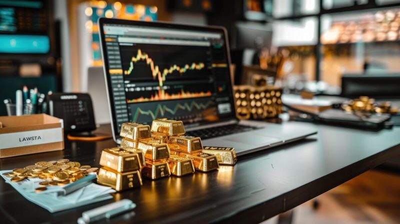 AI-generated image of gold bars beside a computer with a financial chart.