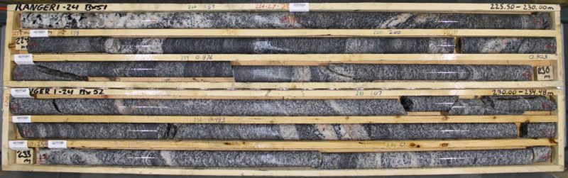 Hole Ranger 01, core boxes 51 & 52 showing mineralized interval 225.5 to 234.48m of granitoids crosscutting massive gabbrodiorite.