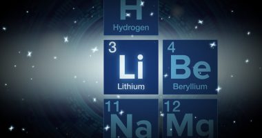 Close up of the Lithium symbol in the periodic table amidst a space background