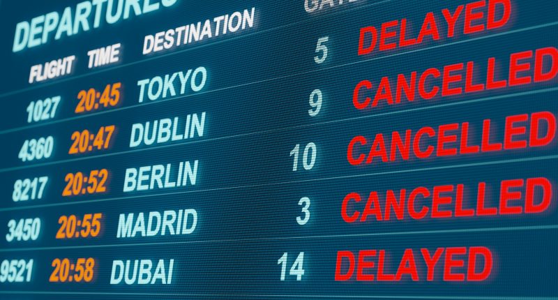 Flight cancellations and delays on a digital screen.