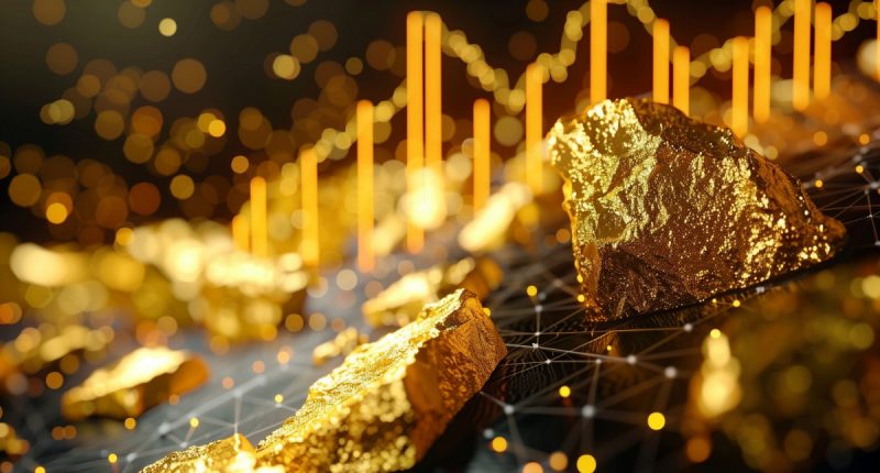 Gold nuggets surrounded by stock performance graphs