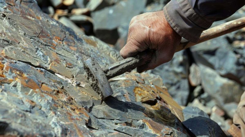 A worker using a pickaxe to extract uranium ore from a rock face.