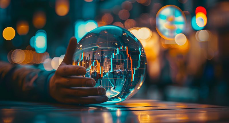 AI generated image of crystal ball with stock market chart