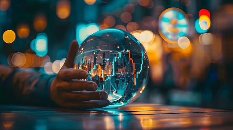 AI generated image of crystal ball with stock market chart