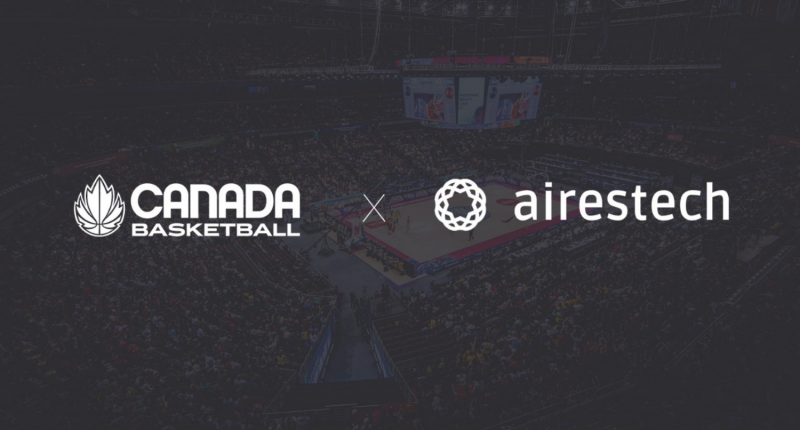 Canada Basketball X Airestech logos across a darkened image of a basketball arena