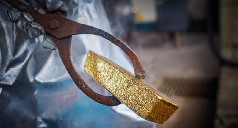 A gold bar from Dynacor Group's ore processing facility in Peru.