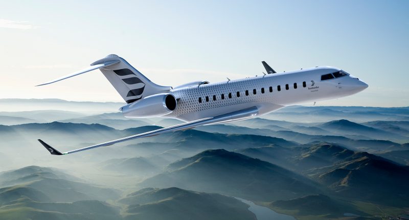 A Bombardier Global 5500 aircraft flying in the clouds
