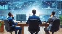 AI generated image of three men sitting around a table looking at stock charts