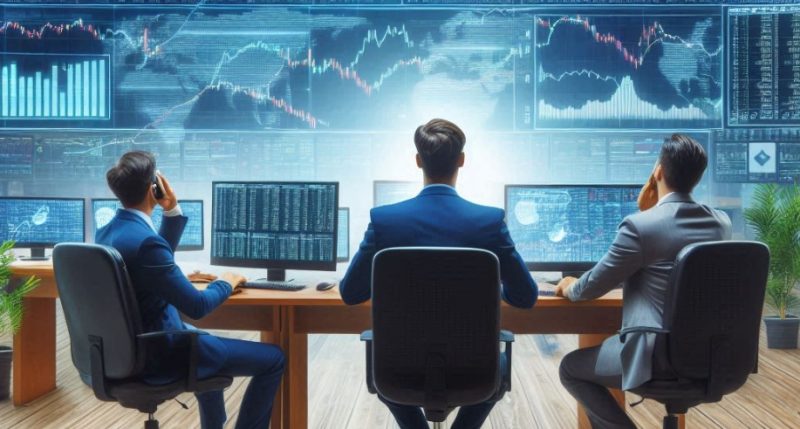 AI generated image of three men sitting around a table looking at stock charts