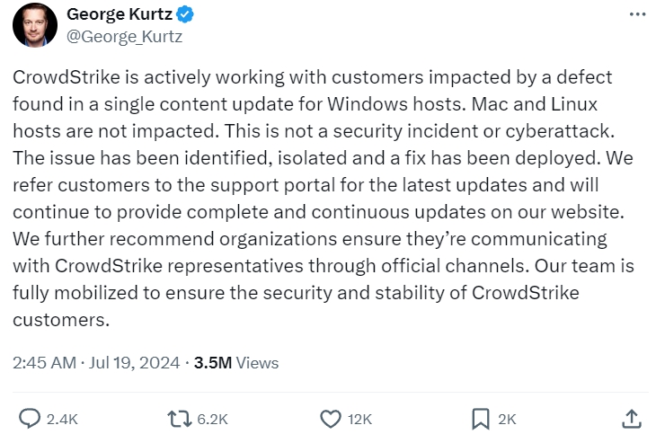 Crowdstrike CEO, George Kurtz X post