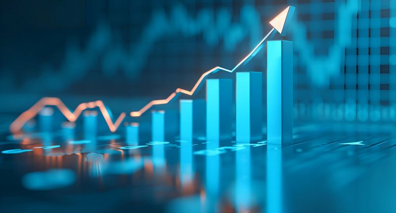 Rising arrow icon business growth 3D bar graph and chart in the background,