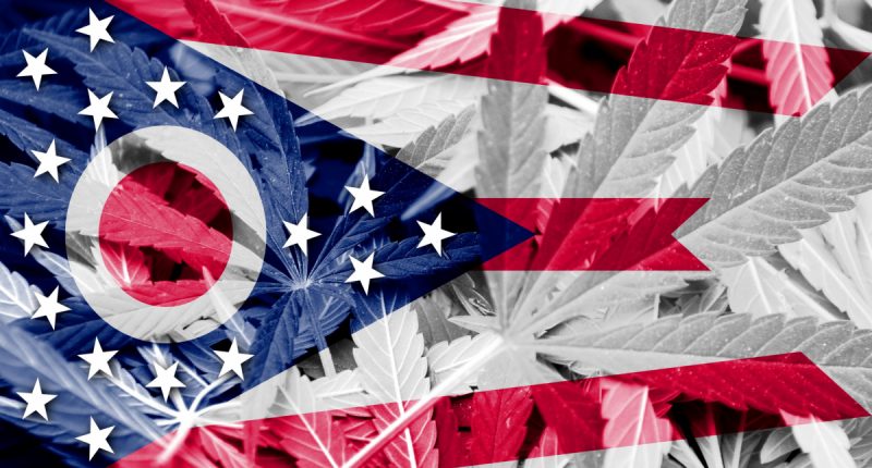 The Ohio state flag superimposed with cannabis leaves.