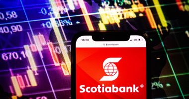 Smartphone displaying Scotiabank logo on stock exchange chart background