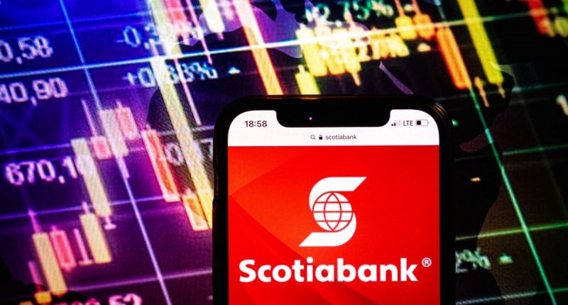 Smartphone displaying Scotiabank logo on stock exchange chart background