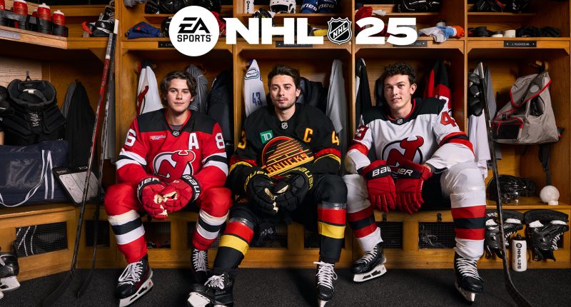 Jack, Quinn and Luke Hughes pose for EA Sports "NHL 25" game