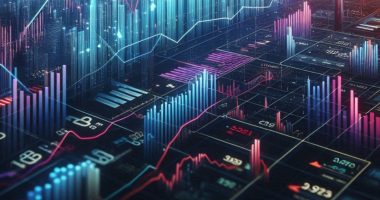 Stock charts with bar and line graphs.