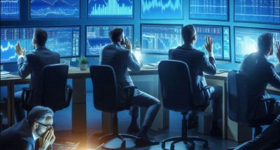 Investors sitting at computer screens.