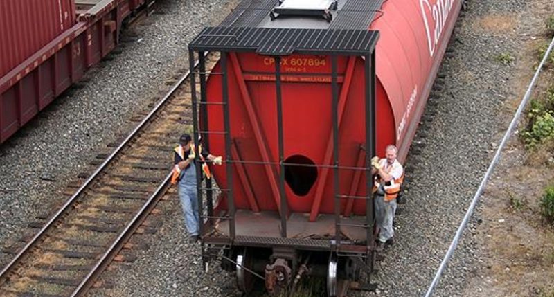 Workers on a rail car