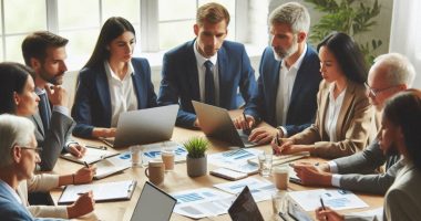 Investors sitting at a table looking at information on papers