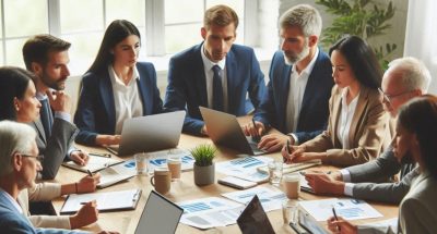 Investors sitting at a table looking at information on papers