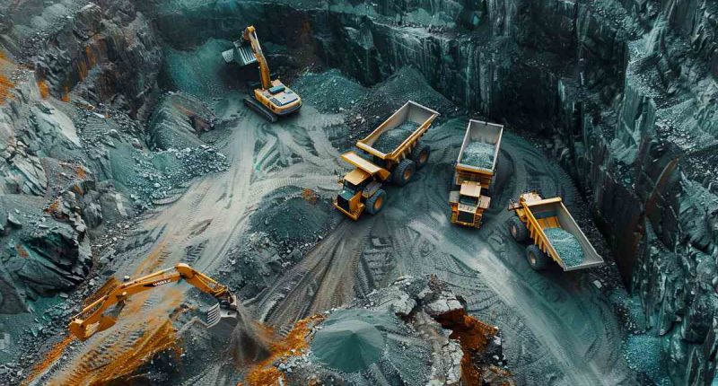 A modern mining operation with heavy machinery and mining trucks