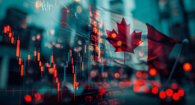 A Canadian flag with stock charts