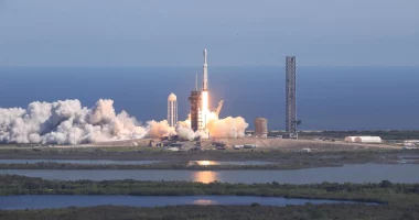 A SpaceX Falcon heavy rocket carrying the Europa Clipper at NASA’s Kennedy Space Center in Florida on October 14, 2024