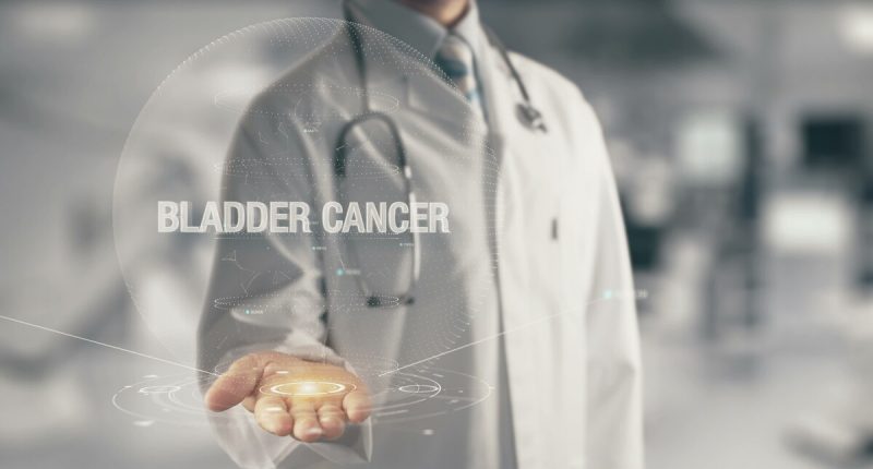 doctor holding palm of hand out with bladder cancer sign