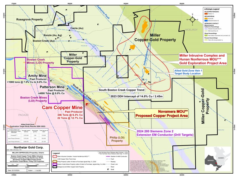 (Miller Copper-Gold Property, Novamera and Hunan Nonferrous MOU project areas. (Source: Northstar Gold Corp.))