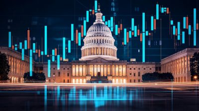 White house against a stock markets graph in the backgorund