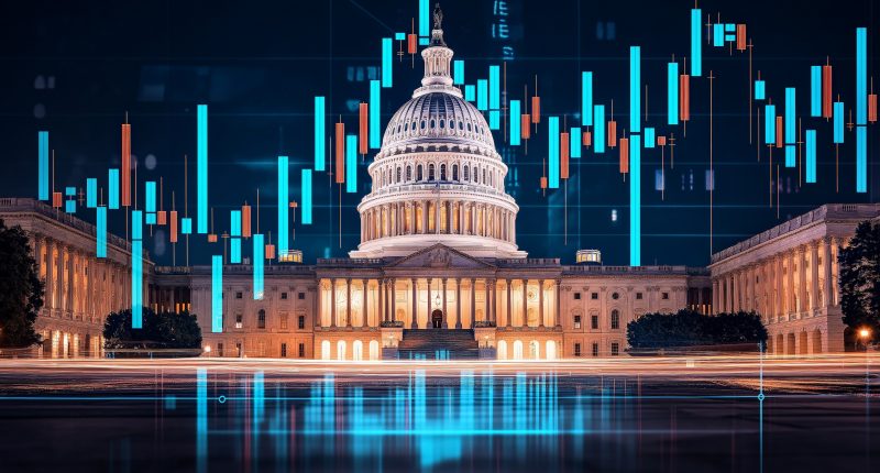 White house against a stock markets graph in the backgorund