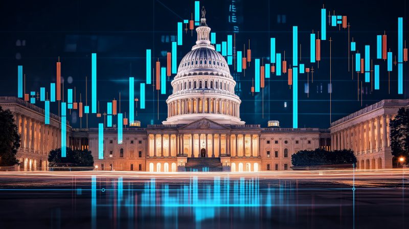 White house against a stock markets graph in the backgorund