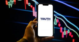 Truth Social logo and a falling stock chart