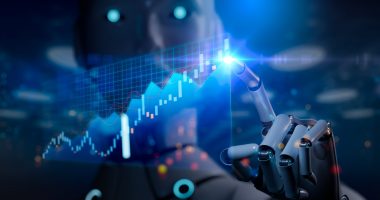 An artificial intelligence robot and a rising stock chart