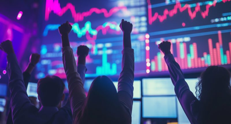 Happy investors on a trading floor