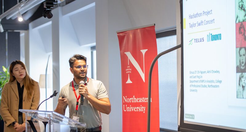 (Northeastern University students in Toronto and Vancouver present their road traffic pattern analysis to judges from the City of Toronto and TELUS at the ‘Hackathon for Good’ to come up with solutions for street congestion during Taylor Swift’s upcoming Toronto concert series. (Source: Telus Communications Inc.))