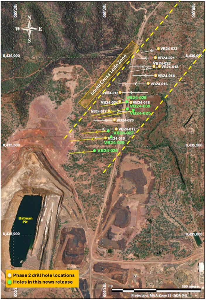 (Plan view of the Mt. Todd terrain showing Phase 2 drill hole locations with respective orientation to date, including the six holes announced in this release. Source: Vista Gold Corp.)