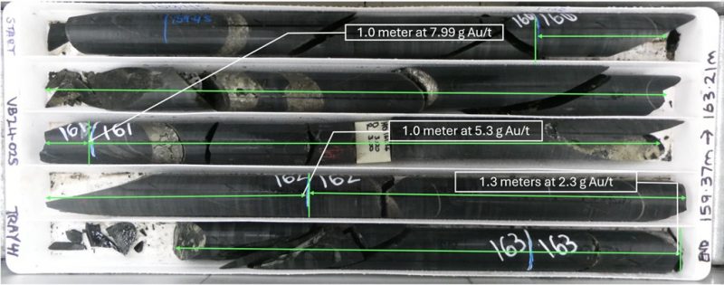 (Core Photo of hole VB24 025 from 160 meters downhole showing examples of high grade intervals. Source: Vista Gold Corp.)